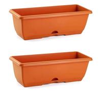 Acan Lot de 2 jardinières balcon en plastique avec assiette sans support 40 x 20 x 17,5 cm Marron Pot de fleurs rectangulaire avec trous de drainage et plateau intégré