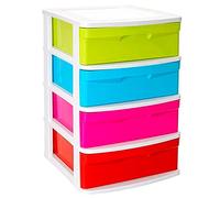 Acan Tradineur - Commode en plastique Sena, 4 tiroirs multicolore, tour de rangement multi-usages, rangement, école, maison, fabriquée en Espagne (blanc, tiroirs couleur aléatoire, 65 x 40 x 39 cm)