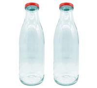 Acan Tradineur Lot de 2 bouteilles en verre avec bouchon rouge en laiton, fermeture à vis, eau, lait, smoothies, jus de fruits, smoothies aux légumes, sauces, réfrigérateur - 1 litre