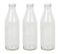 Acan Tradineur Lot de 3 bouteilles de lait en verre avec couvercle à visser, smoothies, jus de fruits, smoothies, sauces, réfrigérateur (couvercle blanc, 1 litre)
