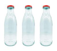 Acan Tradineur Lot de 3 bouteilles en verre avec couvercle rouge en laiton, fermeture à vis, eau, lait, smoothies, jus, smoothies, sauces, réfrigérateur 1 litre