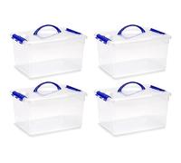 Acan Tradineur Lot de 4 boîtes de rangement transparentes avec poignée bleue, en plastique, pour jouets, livres, vêtements, couvertures - N° 9-18 x 34 x 27 cm, 12 litres