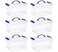 Acan Tradineur Lot de 6 boîtes de rangement transparentes avec poignée bleue, en plastique, conteneur pour ranger livres, vêtements, couvertures - N° 9 - 18 x 34 x 27 cm - 12 litres