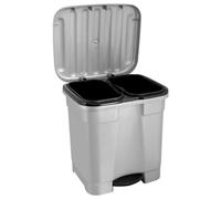 Acan Tradineur Poubelle à pédale avec 2 compartiments, plastique, poubelle avec 2 bacs intérieurs, fabriquée en Espagne, gris argenté, 46 litres, 45,5 x 43,5 x 39 cm