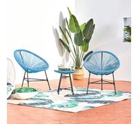 CONCEPT USINE - Salon de Jardin - Ensemble Bistrot 3 pièces Rotin Naturel : 2 Fauteuils Oeuf + Table Ronde Design Acapulco Bleu | Cordes Polyéthylène Résistant | Intérieur Extérieur | Résiste à l'eau
