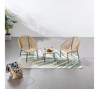 CONCEPT USINE | Salon de Jardin 2 Places Acapulco 2 Naturel | Design Vintage Années 50 | 2 Fauteuils + Table Basse | Fils Polyéthylène Confort | Structure Acier Noir | Extérieur/Intérieur