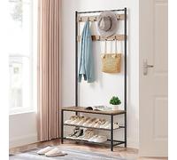 ACAZA Meuble d’Entrée Porte-Manteau 3-en-1 - Vestiaire avec Banc et Étagère à Chaussures - Structure en Métal et Bois, 85 x 32 x 175cm, Bois de Frêne