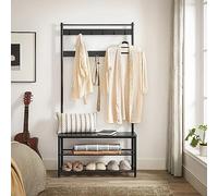ACAZA Meuble d’Entrée Porte-Manteau 3-en-1 - Vestiaire avec Banc et Étagère à Chaussures - Structure en Métal et Bois, 85 x 32 x 175 cm, Noir