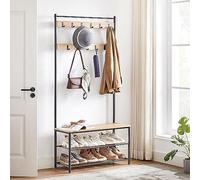 ACAZA Meuble d’Entrée Porte-Manteau 3-en-1 - Vestiaire avec Banc et Étagère à Chaussures - Structure en Métal et Bois, 85 x 32 x 175cm, Chêne Clair
