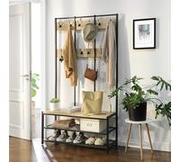 ACAZA Meuble d’Entrée Porte-Manteau 3-en-1 - Vestiaire avec Banc et Étagère à Chaussures - Structure en Métal et Bois, 100 x 40 x 186cm, Chène Clair
