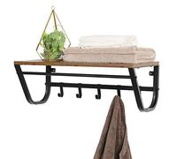 ACAZA Porte-Manteau Mural avec étagère de Rangement, Tringle et 5 Crochets, Métal Noir, Bois, Style Industriel Vintage - Petite Etagere Murale pour Entrée, Vestiaire, Salle de Bain - Brun Noir