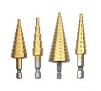 Accarugty Lot de 3 forets étagés HSS - Outil de coupe de trou conique - Foret en métal à tige hexagonale - Foret multi-tailles - Foret à bois en acier et laiton - Doré