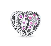Accent CZ Saint-Valentin L'Amour Grandit Avec Une Perle Charme En Forme De Cœur Fleur Émaillée Rose Rouge Pour Femme Petite Amie En Argent Sterling .925 S'Adapte Au Bracelet Européen