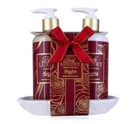 Accentra BODY LUXURY Kit de soin des mains sur support en céramique pour femme avec savon pour les mains de 290 ml et lotion pour les mains de 290 ml dans un distributeur à pompe, parfum rose d'hiver