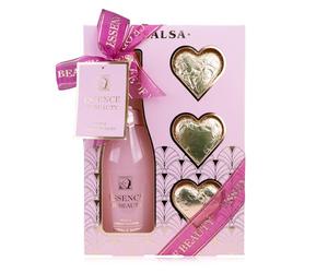 Accentra Coffret bain SALSA ESSENCE OF BEAUTY pour femmes, mousse en bouteille champagne, 3 bombes de bain, parfum Rose et Fleur de Cerisier, boîte cadeau, luxe pour femmes
