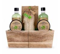 Accentra Coffret cadeau bain OLIVE panier en bois 300 g sels de bain | Panier décoratif vert brun, gel douche, préparation moussante, gommage corps, lait corporel, éponge sisal, idée cadeau