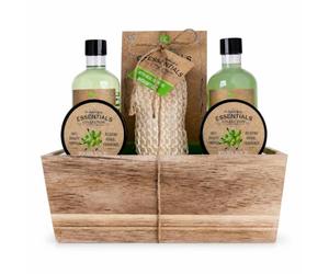 Accentra Coffret cadeau bain OLIVE panier en bois 300 g sels de bain | Panier décoratif vert brun, gel douche, préparation moussante, gommage corps, lait corporel, éponge sisal, idée cadeau