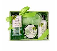 Accentra Coffret cadeau bain OLIVE soins du corps boîte vert blanc doré | Boîte décorative vert clair, détails blancs dorés, éponge filet incluse, format cadeau pour salle d’eau ou panier surprise