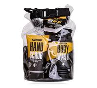 Accentra Coffret cadeau BATH + BODY TOOLKIT, kit de bain pour homme, gel douche 400 ml, gommage pour les mains 50 ml et une éponge en filet dans un sac étanche cool