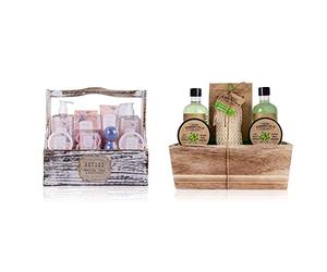 accentra Coffret cadeau Coffret bain et douche Secret Garden au thé blanc et à l'abricot - Coffret 8 pièces & Set cadeau Wellness olive dans un panier en bois, set de soins pour femmes 6pcs