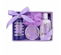 Accentra Coffret cadeau de bain LAVENDEL lavande avec 10 g éponge filet | Idée cadeau bain prête à offrir, boîte décorative, ensemble beauté pour la peau au quotidien, accessoire lavage inclus