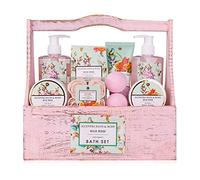 accentra Coffret cadeau - Ensemble de bain et de douche Vintage Florals au parfum de rose sauvage - Ensemble cadeau de 8 pièces dans un panier décoratif en bois au look shabby
