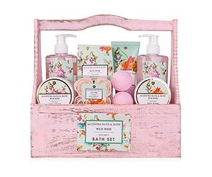 accentra Coffret cadeau - Ensemble de bain et de douche Vintage Florals au parfum de rose sauvage - Ensemble cadeau de 8 pièces dans un panier décoratif en bois au look shabby