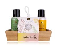 Accentra Coffret cadeau Herbal SPA dans une boîte en bois décorative, avec gel douche 100 ml, lotion pour le corps 100 ml et éponge en filet - Emballage (papier) et bouteilles en matériau recyclé