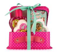 Accentra Coffret cadeau « I Love Horses » pour adolescents et filles, avec bain moussant, sels de bain, fizzer de bain et savon, avec un doux parfum de fraise emballé dans une mallette en papier