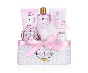 Accentra Coffret cadeau PRINCESS KITTY, coffret cadeau fille avec 250 ml gel douche, 180 ml lait corps, 180 ml gommage corps, 60 ml crème corps, 2 x 40 g bombe de bain, joli panier rose à offrir