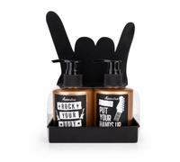 Accentra Coffret cadeau ROCKSTAR gel bain douche shampooing santal | Plateau métallique noir en forme cornes, flacons pompe, motif musique, présentoir décoratif, ambiance live pour fans concerts