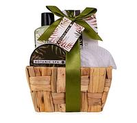 Accentra Coffret de bain OLIVE SPA 150 g sels avec panier jonc de mer | Présentation soignée, coffret bien-être avec gel douche, lotion corporelle, sels, fleur lavante, panier tressé tons naturels