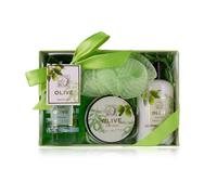 Accentra-Set cadeau de douche pour femmes OLIVE dans une belle boîte cadeau-Set de 4 pièces gel douche,lotion,beurre corporel et éponge filet-Set cadeau de bien-être idéal comme cadeau d'anniversaire