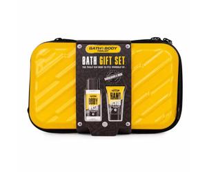 Accentra kit bain homme santal et musc avec étui rigide jaune noir | Coffret présent masculin pour soin douche mains, boîtier solide facile à ranger, utile après sport ou journée chargée