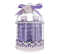Accentra Kit de douche pour femme - Coffret cadeau lavande dans un beau panier métallique - Kit d'entretien 4 pièces avec gel douche, lotion pour le corps, bain moussant, etc. - Coffret cadeau