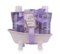 Accentra Kit de douche pour femme - Coffret cadeau lavande dans une belle baignoire en céramique - 3 pièces avec gel douche, bain moussant et sels de bain - Coffret cadeau bien-être pour anniversaire