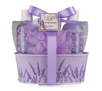 Accentra LaVENDEL Ensemble de douche pour femme dans une jolie boîte en métal - Lot de 4 pièces avec gel douche, lotion pour le corps, bain moussant et éponge filet