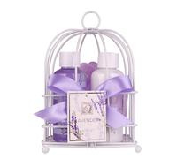 Accentra-Set cadeau de douche Femme LAVANDE dans un jolie panier en fil métallique-Set de 3 pièces gel douche, lotion et éponge de bain - Set cadeau idéal pour la fête des mères & la Saint-Valentin.