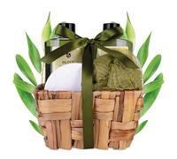 Accentra - Set de bain cadeau pour femme OLIVE dans un panier en jonc de mer, set de douche cadeau avec gel douche, bain mousse, bombe de bain et éponge filet, set bien-être 4 pièces femmes & filles