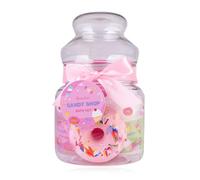 Accentra Set de bain CANDY SHOP dans un pot à bonbons en plastique, gel douche, lotion corporelle, bombe de bain en forme de donut, éponge filet rose, parfum : Cotton Candy, idée cadeau femmes, filles