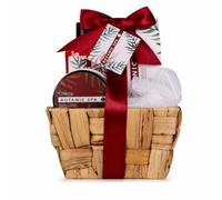 Accentra Set de bain CHERRY SPA corbeille jonc de mer rouge blanc vert | Idée cadeau bien-être prête à offrir, corbeille tressée, gel douche, lotion corps, éponge filet, ruban rouge décoratif