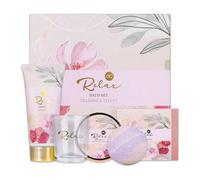 Accentra - Set de bain & soin RELAX dans une belle boîte cadeau, 5 pcs Wellness - Kit cadeaux pour femmes avec beurre corps, savon, crème mains, bombe-bain et bougie parfumée - Tea Rose & Velvet