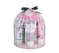 Accentra - set de douche cadeau femme SWEET FLOWERS cage à oiseaux, set de bain 5 pièces cadeau gel douche, lotion pour le corps, savon, crème pour les mains, éponge filet, bien-être, femmes, filles