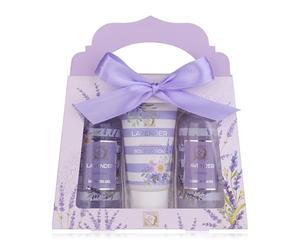 Accentra - Set de douche cadeau pour femmes LAVANDE dans caisse-cadeaux - Kit soins 3 pcs avec gel douche, lotion pour corps & bain moussant - Ensemble bien-être pour l'anniversaire & Saint-Valentin