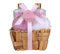 Accentra - Set de douche Set cadeau femme WILD BERRY dans un panier d'algues, set de bain cadeau gel douche, bain mousse, lotion pour le corps, éponge filet, set bien-être 4 pièces femmes, filles