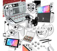 Accesorios Étui pour Nintendo Switch OLED, 27 EN 1 Pochette Transport Kit Inclure Protection Coque pour Switch Oled,Protecteur D'écran HD,Housse Joycon,Volante Grip,Playstand,Thumb Grip-Blanc