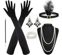 Accessoire AnnéE 20 Femme, 6 PièCes Accessoires Gatsby Costume Set, Costume Des AnnéEs 20, Halloween Femme Pour Femme, Bandeau, Gants,Accessoires De Main,Collier De Perles, Boucles D'Oreilles,Bracelet