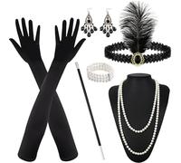 Accessoire Année 20 Femme, 6 Pièces Accessoires Gatsby Costume Set, Halloween Femme, Accessoires Charleston Année 20 avec Bandeau, Gants, Collier, Boucles d'oreilles, pour Halloween Noël Mascarade