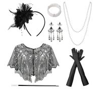Accessoire Année 20 Femme, 7 Pièces Accessoires Gatsby Costume Set, Charleston Année 20 avec Flapper Bandeau Gants Collier de Perles Boucles d'oreilles, pour Noël Carnaval Mascarade Halloween
