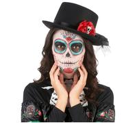 Accessoire - Chapeau haut de forme noir tête de mort fleur rouge Dia de los muertos adulte